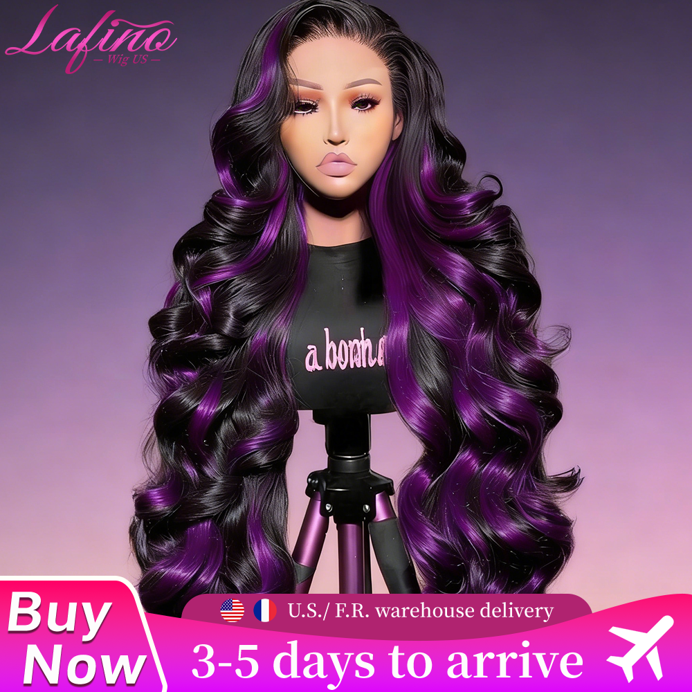 Perucas de Cabelo Humano Lafino Ombre Roxo Preto com Ondas Corporais 13x6 13x4 HD Transparente com Renda Frontal, Perucas de Cabelo Humano Coloridas Roxas para Mulheres