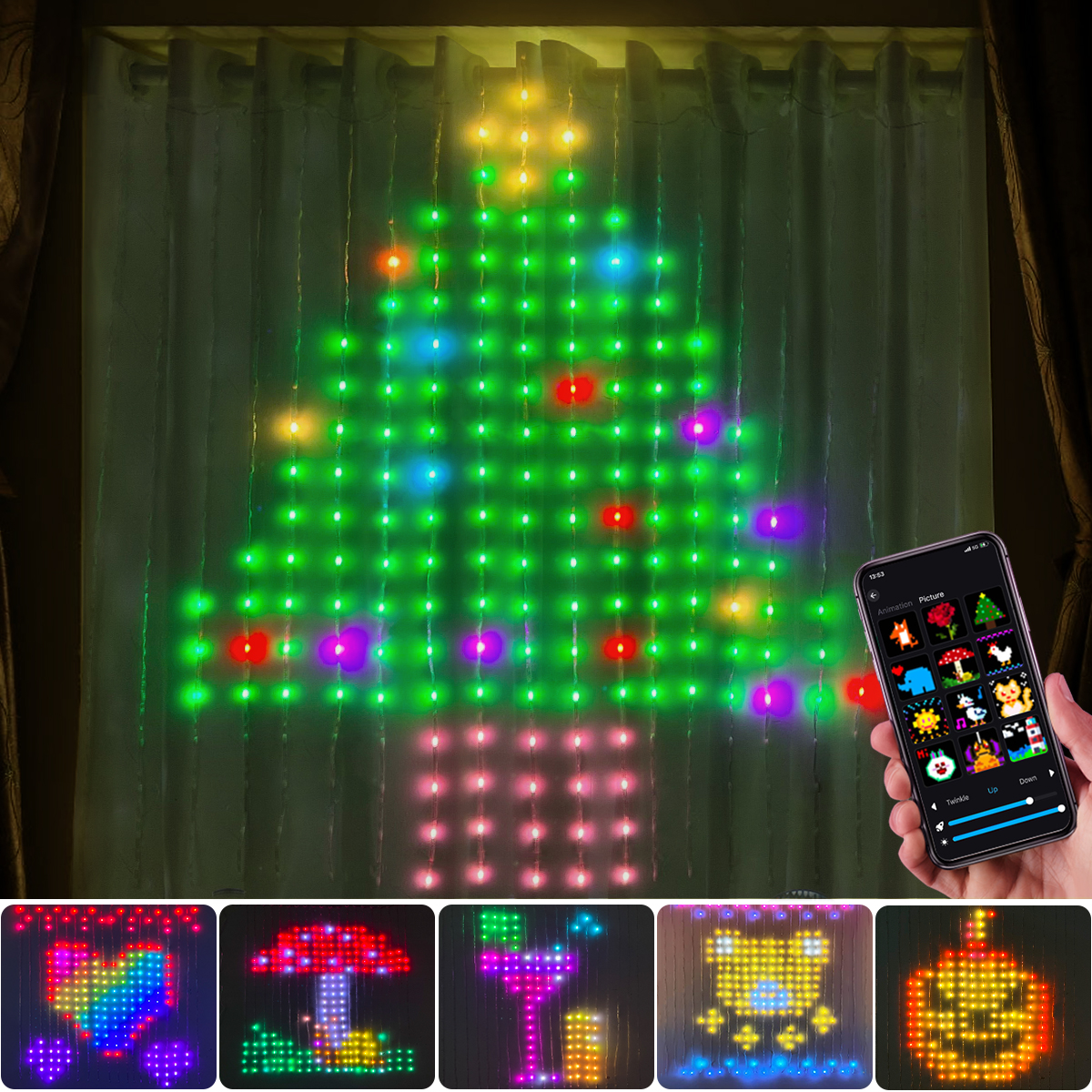 2m x 2m 3m x 3m Control inteligente por aplicación Bluetooth RGB luces LED de cortina alimentadas por USB Navidad Halloween guirnalda de luces decoración de ventanas