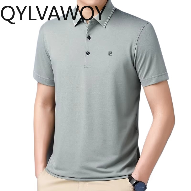 QYLVAWOY Herren-Poloshirts, lockere T-Shirts aus 100 % Maulbeerseide für Herren, kurzärmelige, bügelfreie Revers-Tops, Sommer-Ropa De Hombre