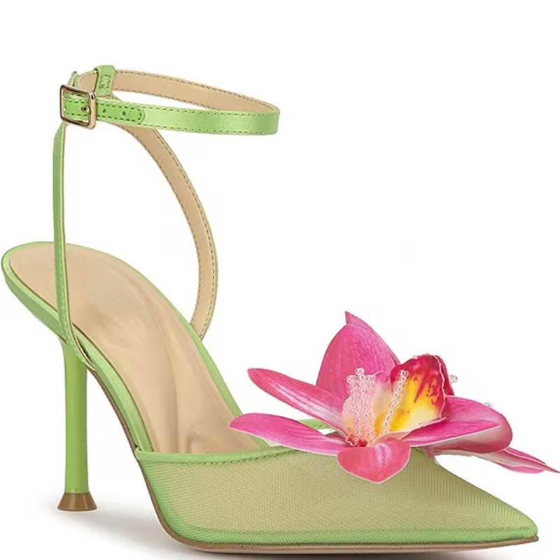 Sandálias de Malha com Decorações Florais em Cores Mistas, Salto Fino e Bico Fino, Aceitamos Personalização, Novidades da Moda para Mulheres