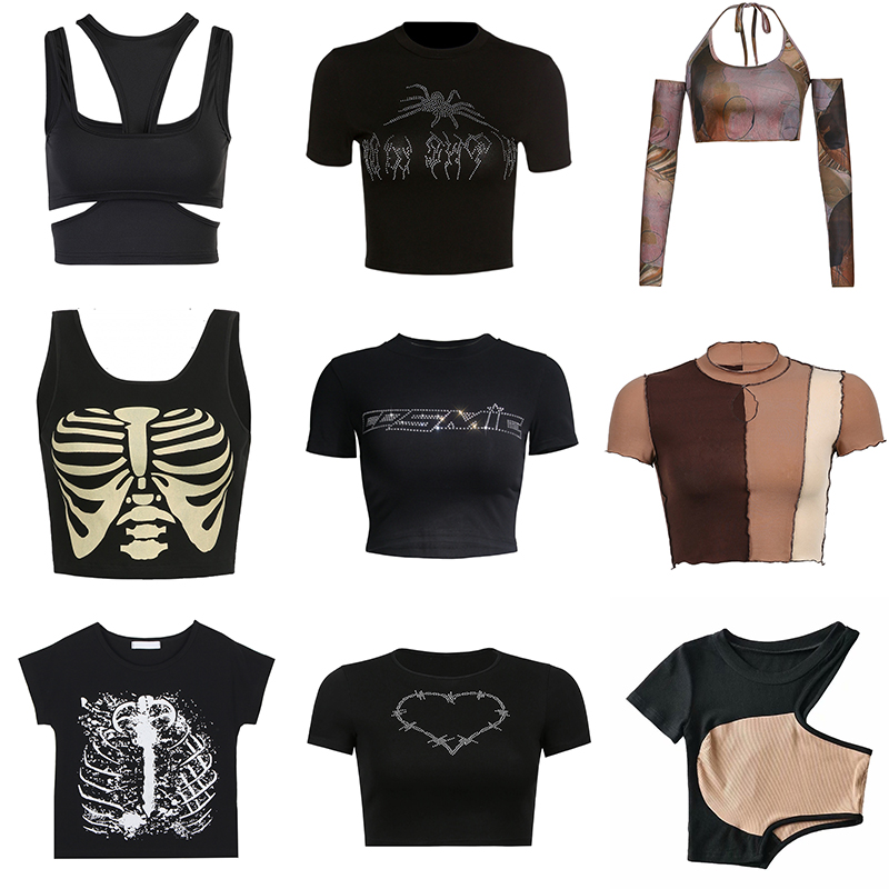 Y2k Sexy Punk Vintage Goth Schwarz T Shirt Sommer Kleidung Für Frauen Mode Strass Crop Top Oansatz Kurzarm T streetwear