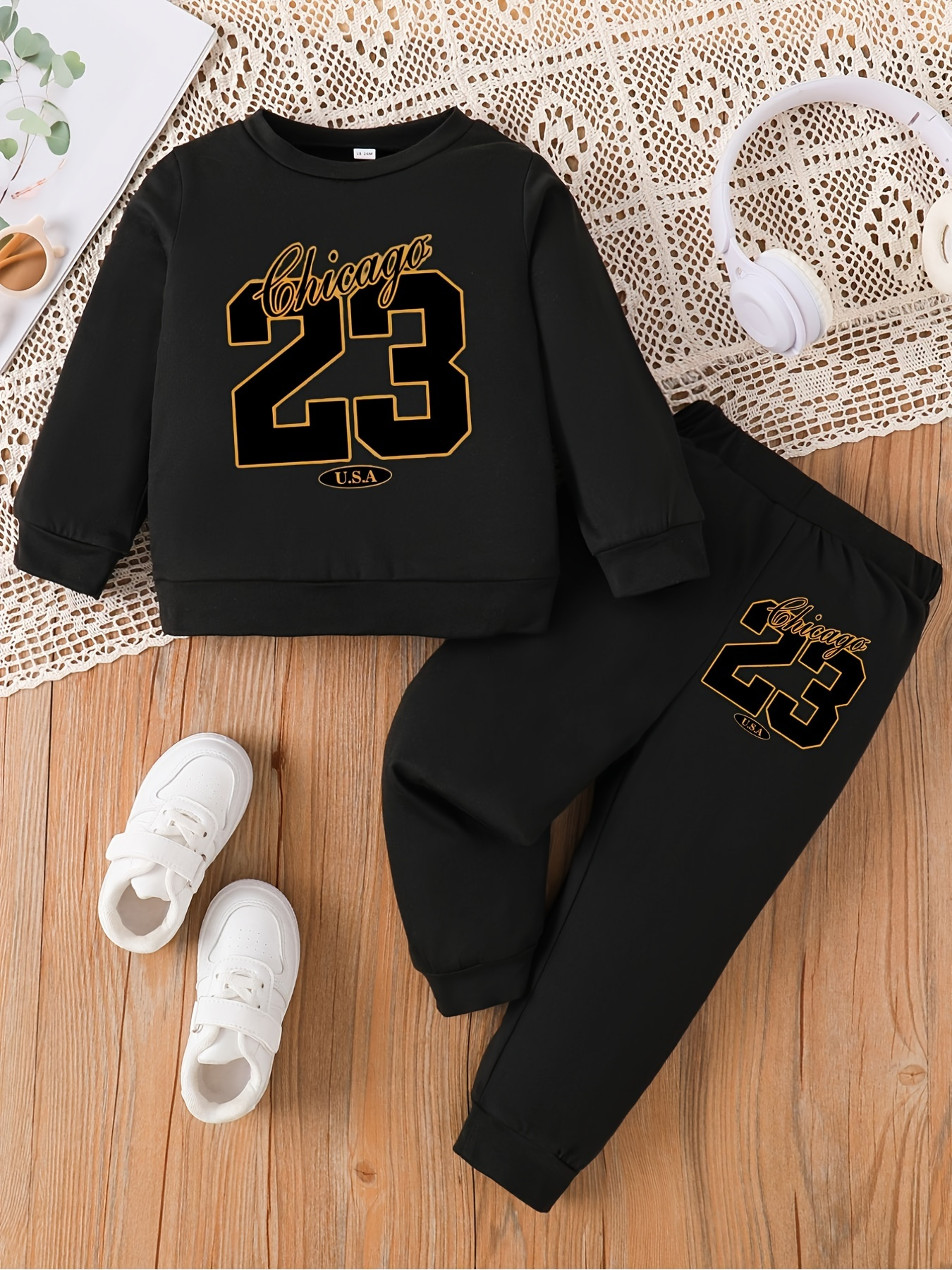 Dwuczęściowy strój dla malucha |   Bluzka z długim rękawem Chicago Number 23 + czarne spodnie |   Zestaw odzieży sportowej dla dzieci na wiosnę i jesień