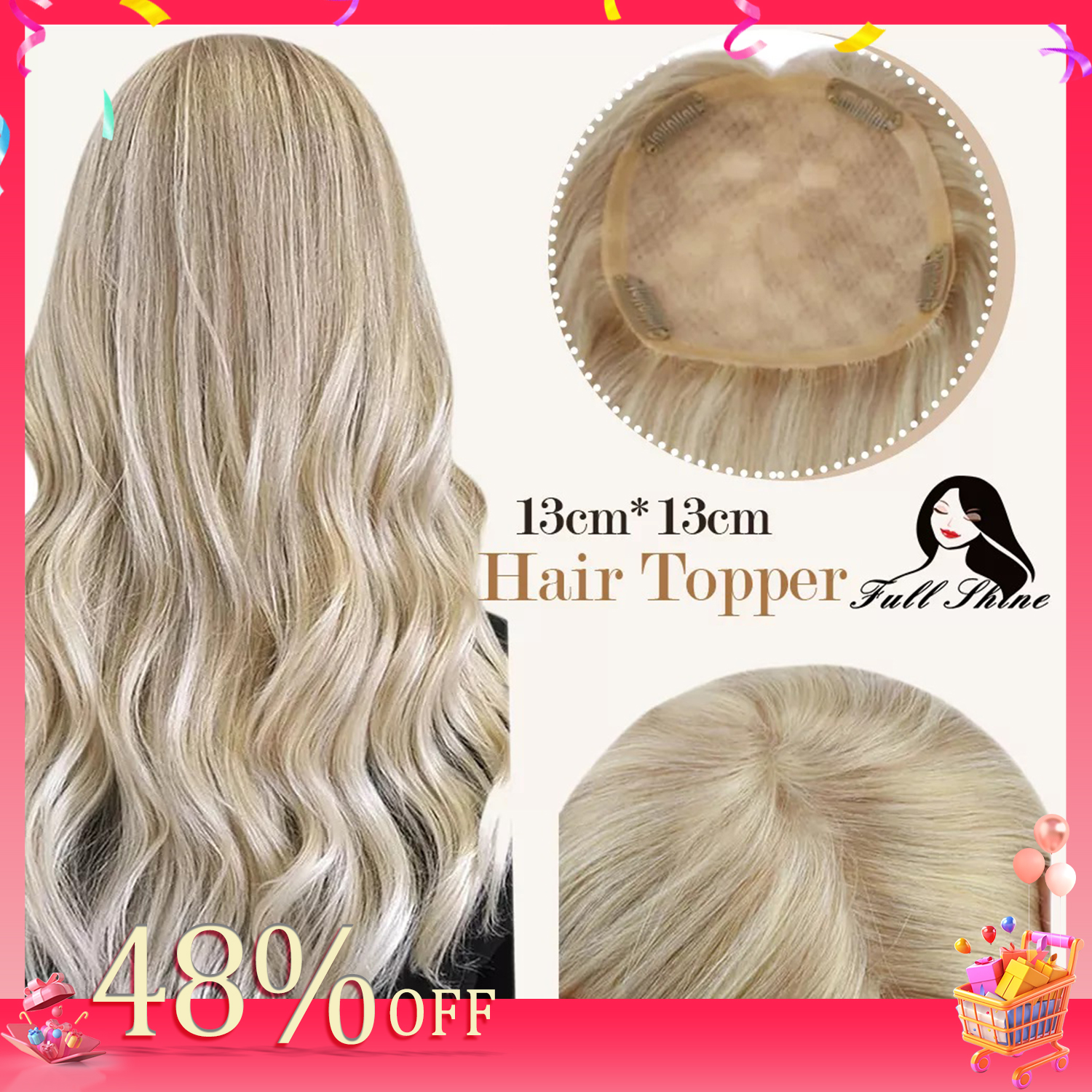 Full Shine Hair Topper para Mulheres, Ombre, 13x13cm, Máquina, Peça Naturalmente Confortável com Clipes, 100% Respirável, Mono Base