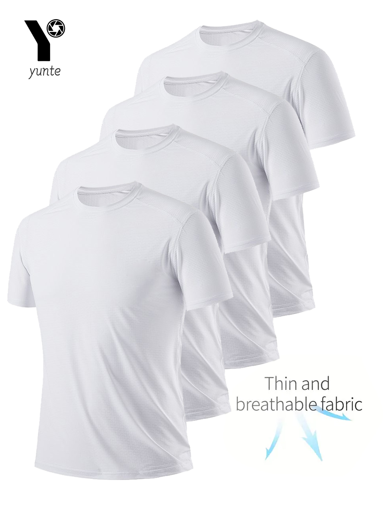 Camiseta de cuello redondo, paquete de 4, camisa blanca ultraligera de secado rápido para hombre, transpirable, absorbente del sudor, adecuada para fitness, gimnasio y correr