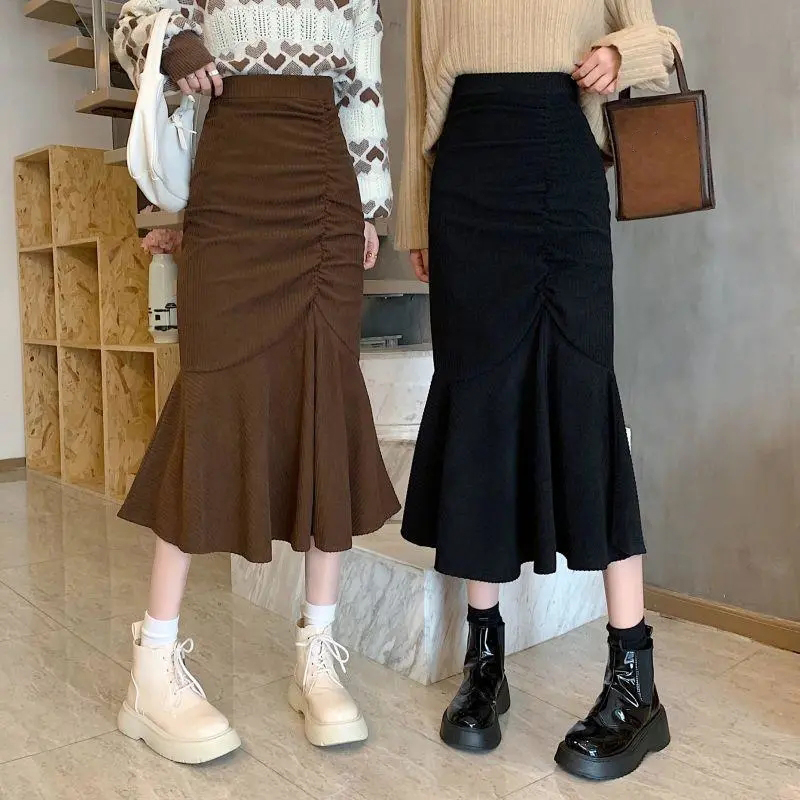 Lucyever แฟชั่นเอวสูง Midi กระโปรงผู้หญิง 2025 ฤดูใบไม้ผลิ SLIM FIT Hip Mermaid กระโปรงผู้หญิงเกาหลี Ruffles กระโปรงสีน้ําตาล 2XL