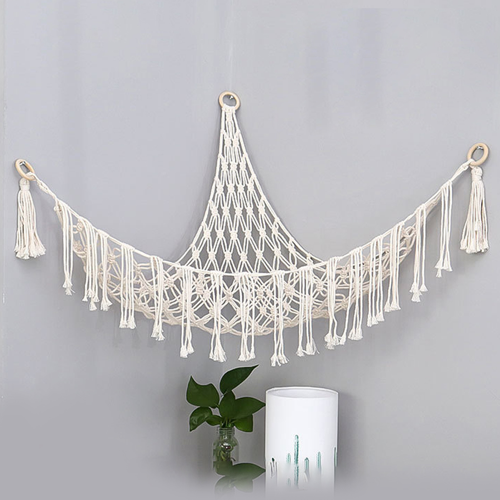 Boho Plüschtier Hängematte Dreieckige Form Hängender Netz-Aufbewahrungskorb Baumwolle Quasten Wandnetz für Schlafzimmer Wohnzimmer