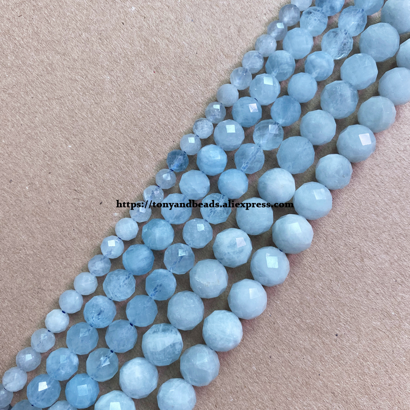 Piedra semipreciosa corte de diamante facetado calidad AA aguamarina azul 7 "cuentas sueltas redondas 6 8 10 mm