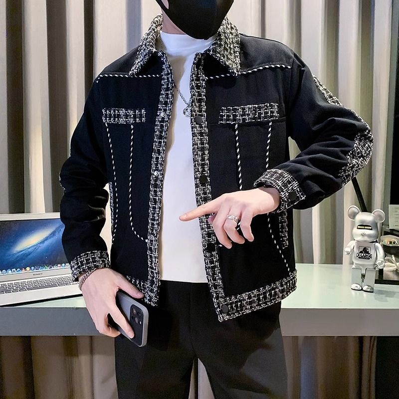 Jesienno-zimowa nowa moda skręcić w dół kołnierz z długim rękawem Patchwork kurtki blokujące kolory odzież męska kieszenie koreańskie eleganckie topy