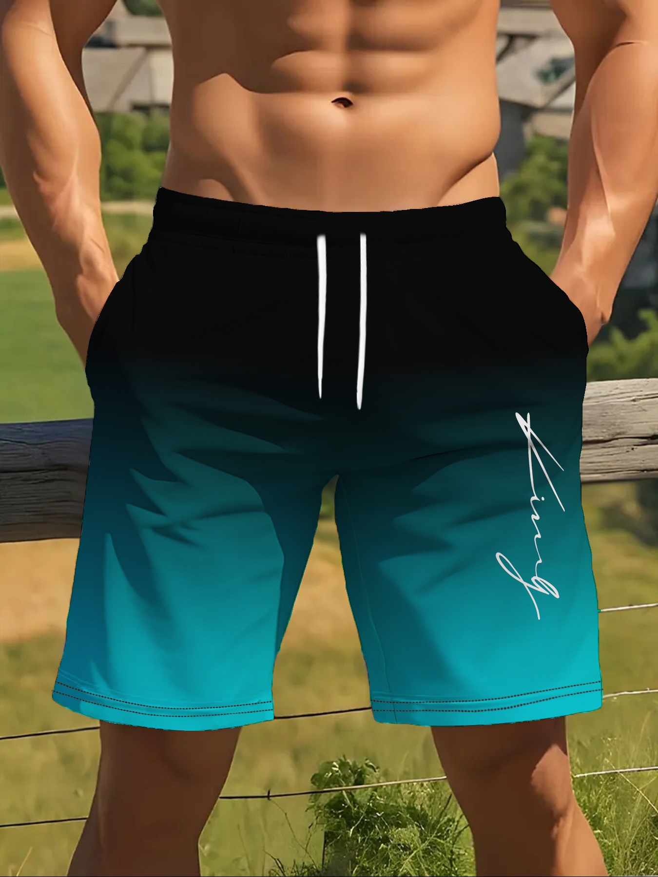 Men's Black to Teal Gradient Script Print Quick Dry Swim Shorts, Drawstring Beach Trunks with Pockets