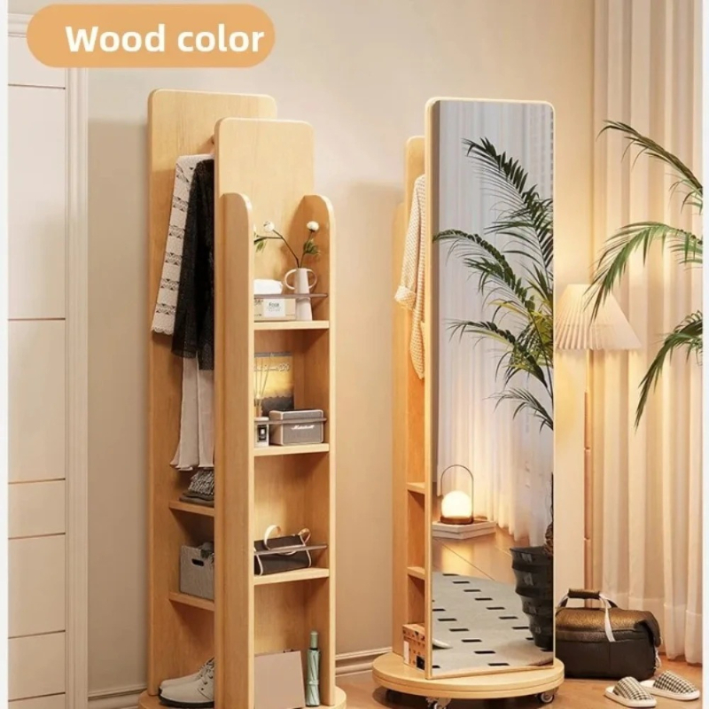 Rotatable solid wood full-length mirror with storage clothes hanger and shelf standing mirror for bedroom living room and home