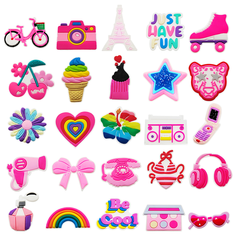 Cute Pink Bow Bicycle Rainbow Shoe Charms for Crocs Accessories Clogs Bubble Slides Shoe DIY Decoration Buckle Charms Party Gift