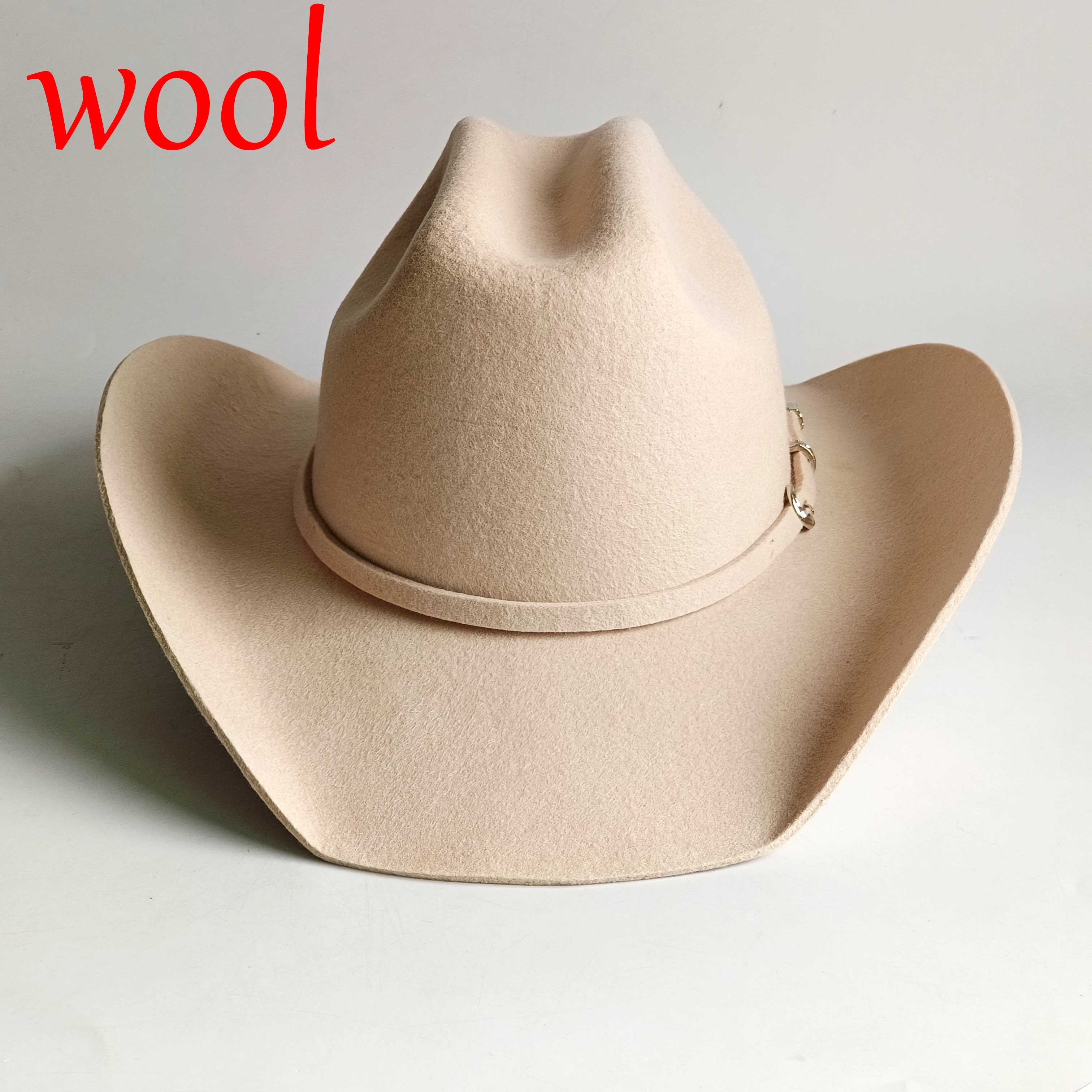 Chapéu de Cowboy de Lã para Outono e Inverno, Novo e Moderno, com Fivela Decorativa, Aba Larga de Cânhamo, Estilo Jazz, Quente para Uso Externo e Formato Côncavo