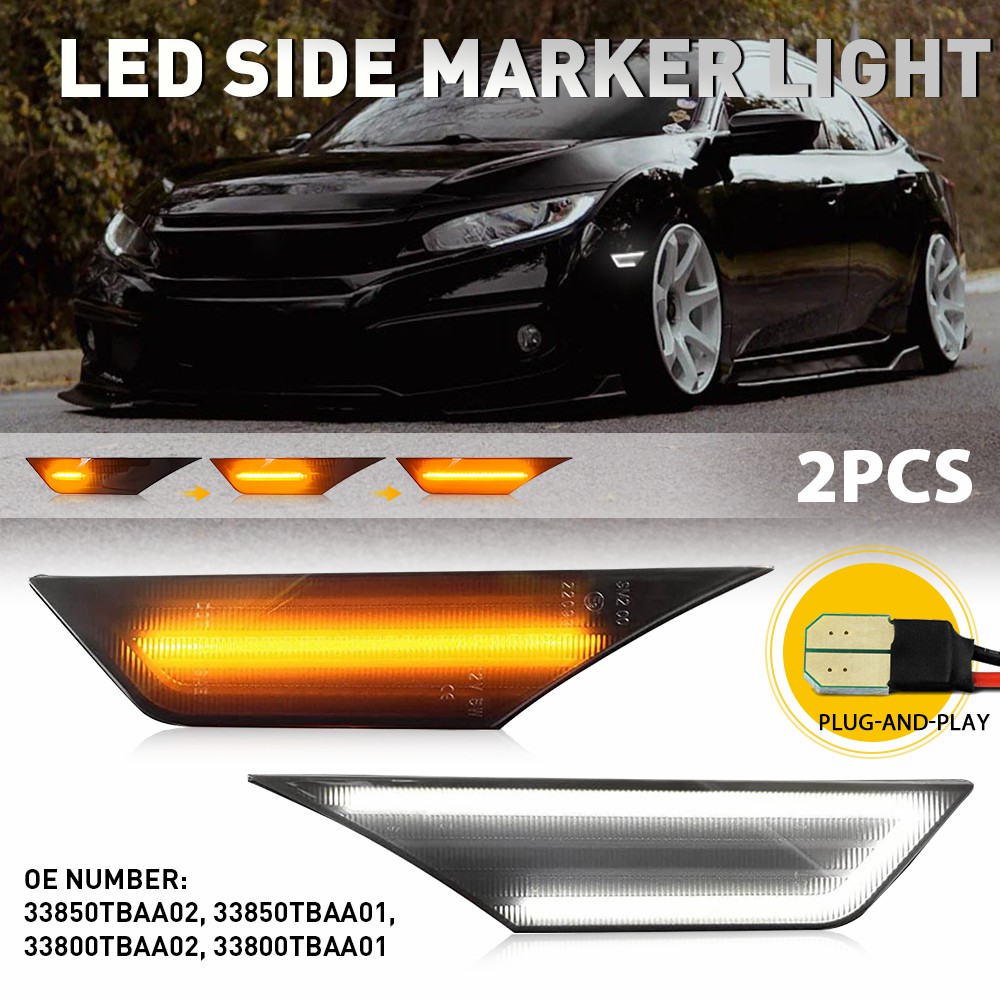2Pcs For Honda Civic LX EX Sport Touring Si 2016 2017 2018 2019 2020 2021 LED Side Marker Light White and Amber Turn Signal Lamp