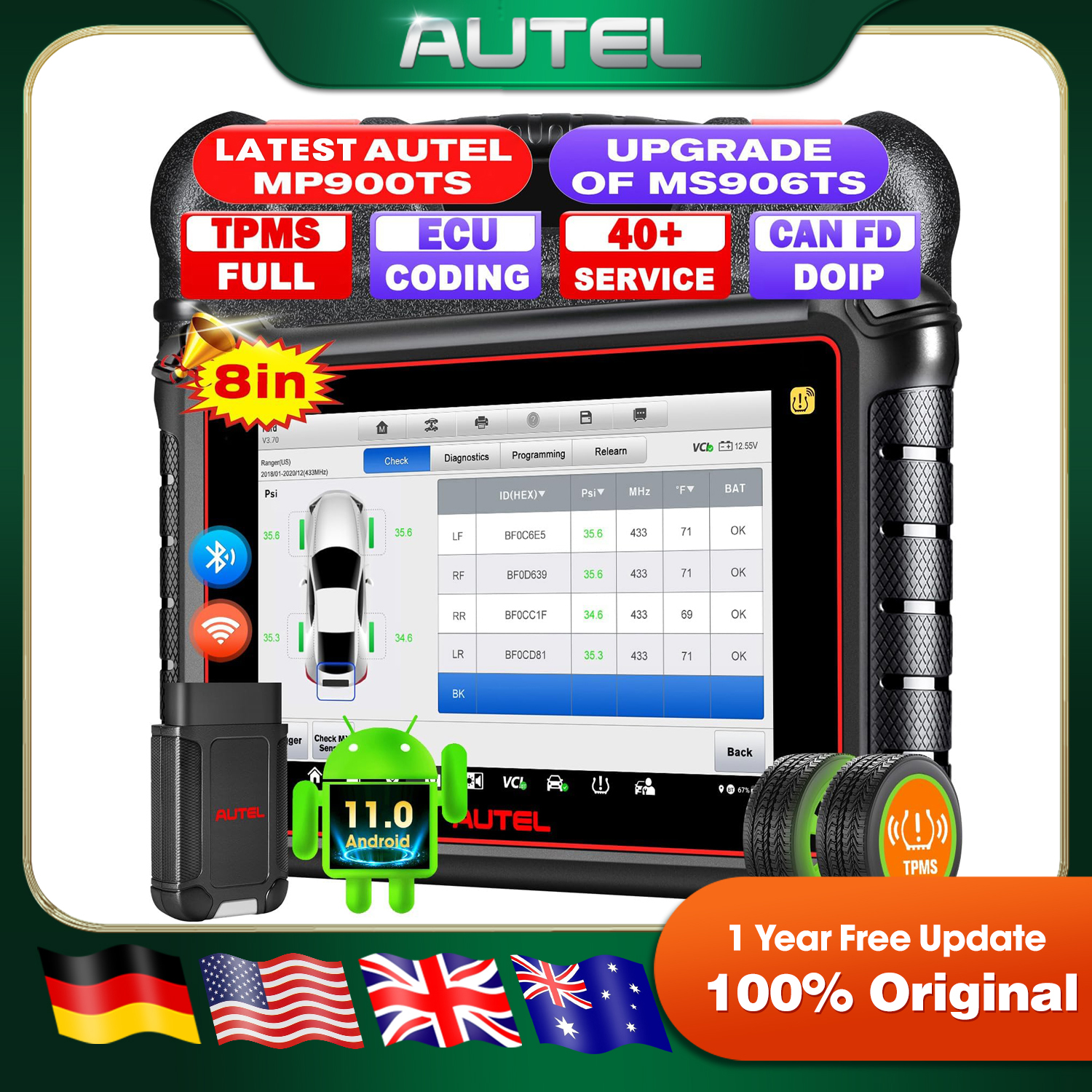 Autel MaxiPRO MP900TS, 2024 8 inch MP900-TS tot MaxiSYS MS906TS MP900-BT MK900-TS, Top TPMS als MS906 Pro-TS, Pro ECU-codering