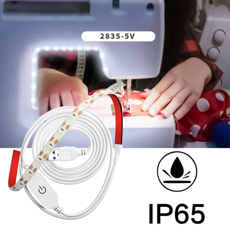 Impermeável LED Light Strip para máquina de costura, tiras de iluminação para gabinete, branco, USB, 5V, alimentado com toque interruptor, SMD 2835, 1m, 2m, 3m