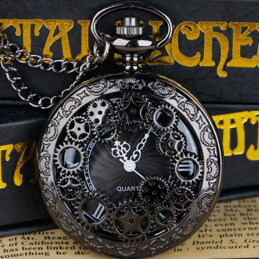Relógio de bolso de quartzo com design de engrenagem vazada vintage com colar presente perfeito moda para homens e mulheres relógios requintados