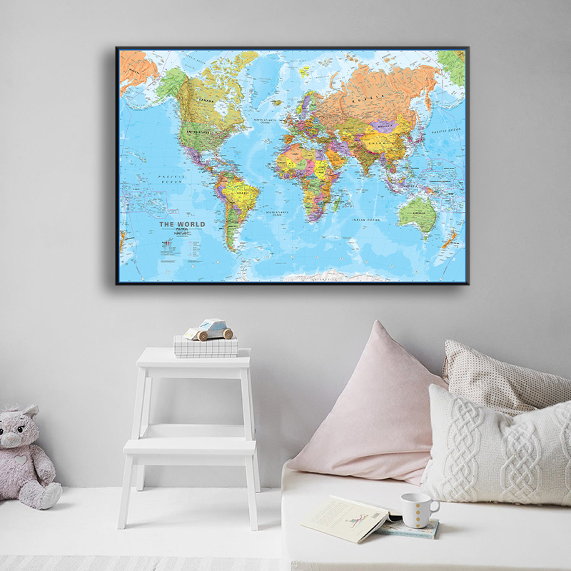 Tableau décoratif suspendu de la carte du monde en anglais, 60x40cm, peinture sur toile hautement détaillée, affiche d'art mural moderne, fournitures scolaires
