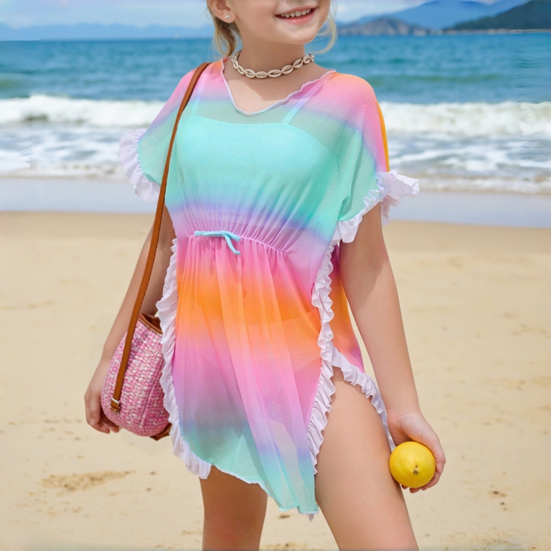 Vestido de praia com babados e nó frontal para meninas adolescentes, estilo ombre, para natação, praia e piscina.