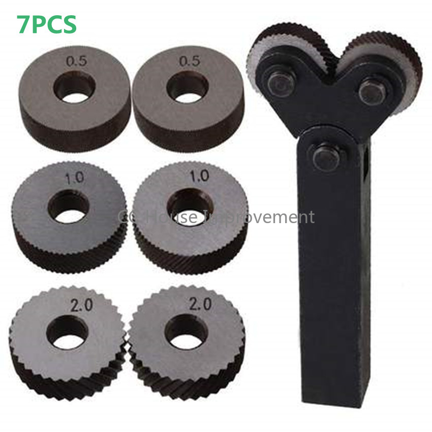 Kit de ferramentas de serrilhado de roda dupla, 7 peças, 0.5mm 1mm 2mm, conjunto de serrilhado de passo linear de roda, cortador de torno de aço, conjunto de ferramentas de serrilhamento de roda