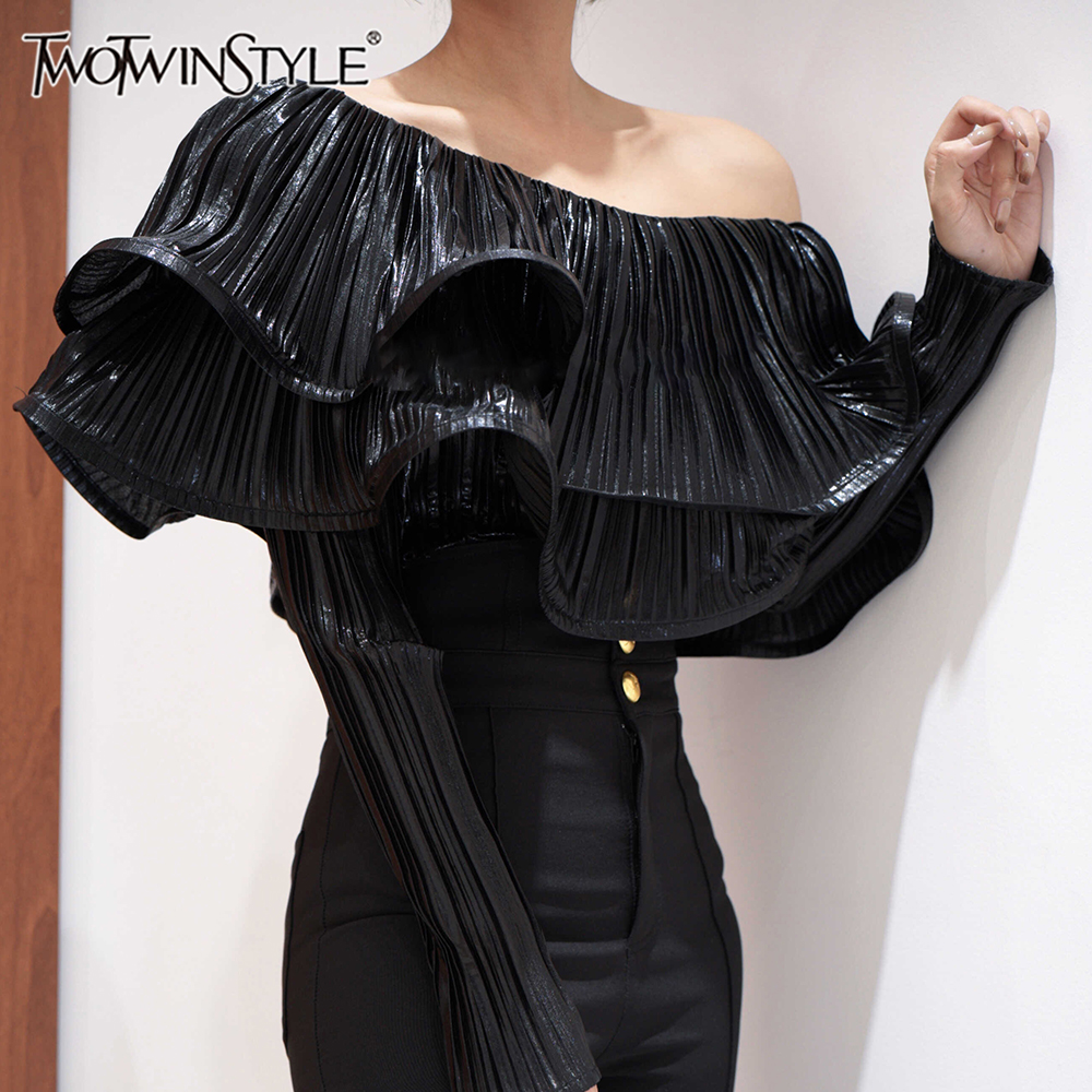 Twotwinstyle Effen Minimalistisch Shirt Voor Vrouwen Slash Hals Lange Mouw Patchwork Plooien Sexy Temperament Blouse Dames Mode Nieuw