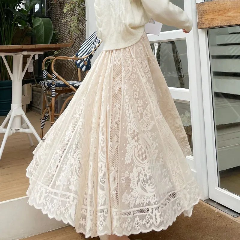 2024 nuova primavera estate donna gonna lunga stile palazzo delle fate pizzo personalizzato pendolo oversize gonne femminili di media lunghezza