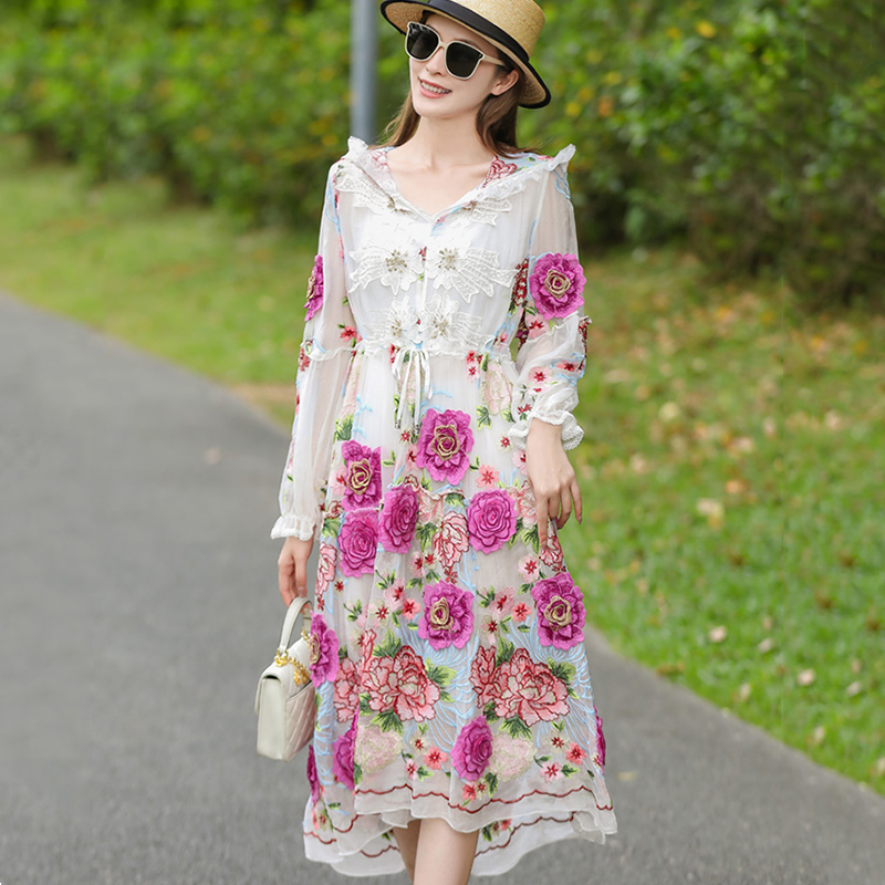 Verão nova high-end tridimensional bordado flor de seda com capuz manga longa elegante solto meados de comprimento vestido de fadas um tamanho