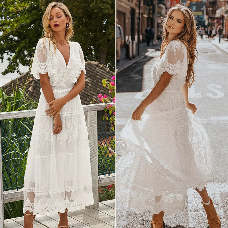 Abiti sexy scollati con scollo a V per donna Abito da donna a maniche corte in pizzo bianco Abito estivo casual da festa Vestido De Mujer