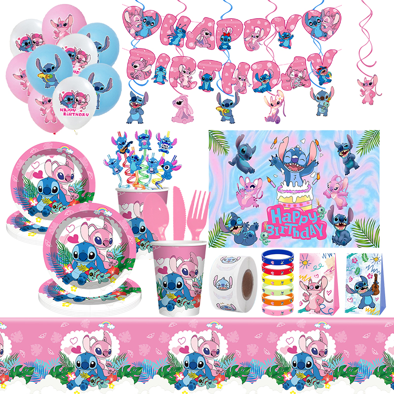 Lilo y Stitch decoraciones de cumpleaños Stitch cumpleaños niña decoración de fiesta suministros globos telón de fondo pancarta platos tazas mantel