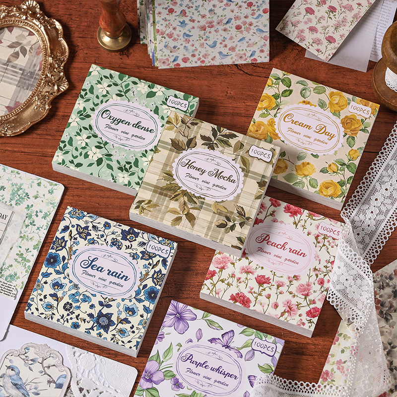 6 stylów, każdy ze 100 arkuszy, papier w stylu retro z materiału roślinnego i kwiatów DIY Papier bazowy do dekoracji konta ręcznego