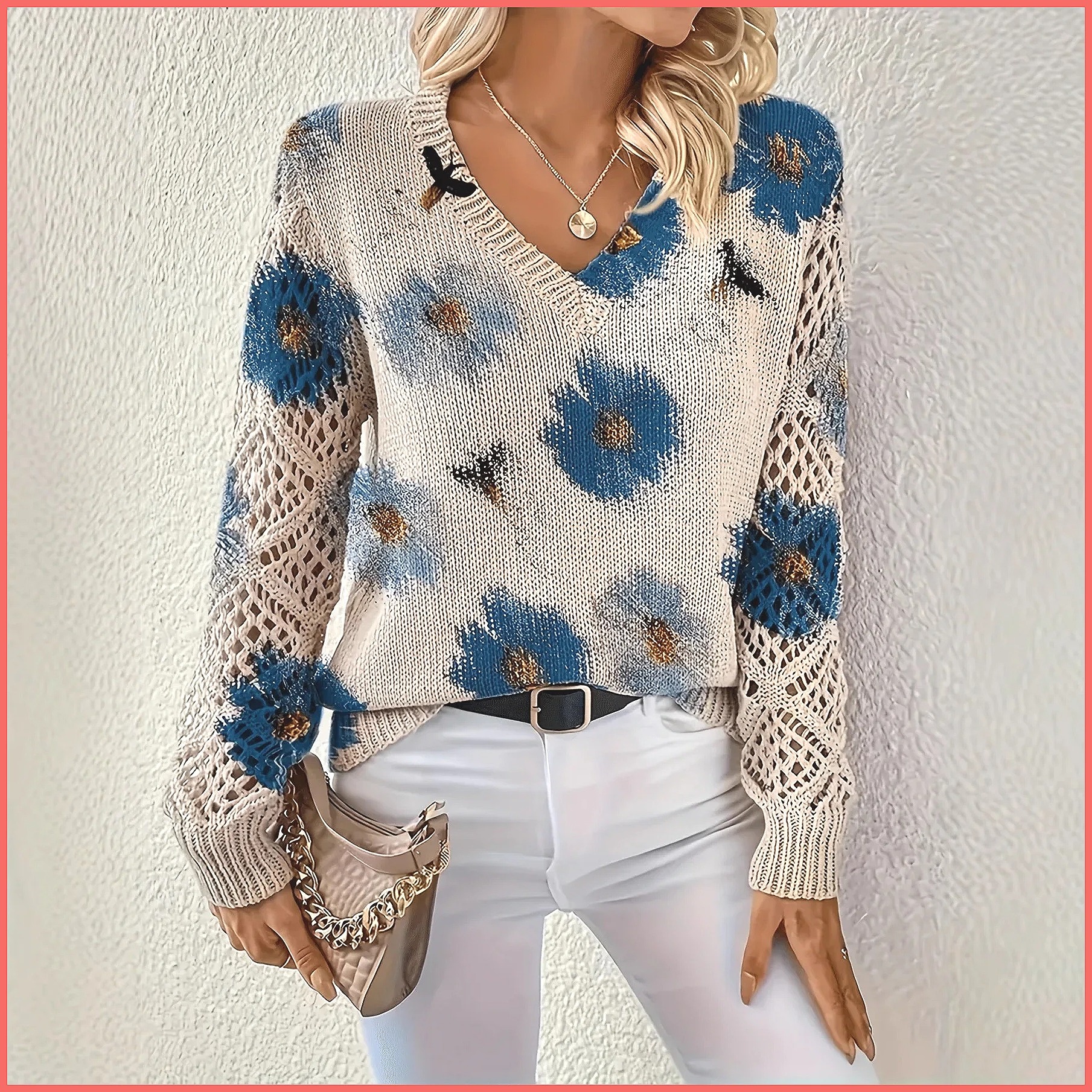Suéter Bohemio con Cuello en V y Estampado Floral |   Suéter de punto de manga larga con estampado hueco |   Top Casual de Moda 2025 (Personajes: 78)
