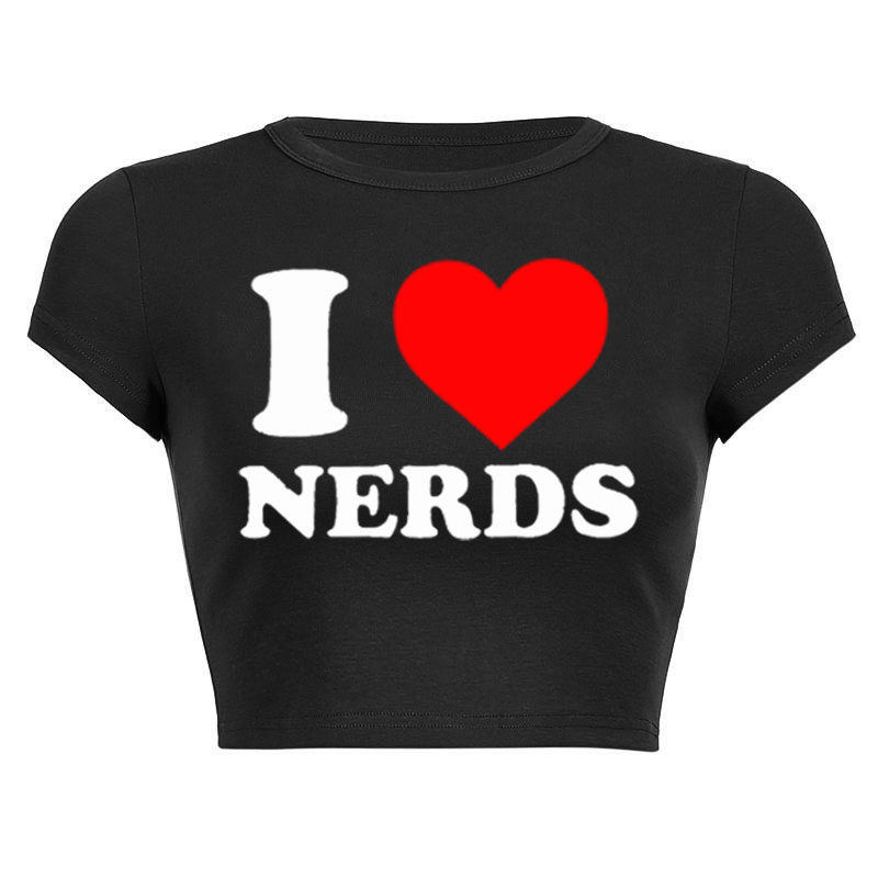 I Love Nerds kaus Crop wanita, atasan cetakan huruf Harajuku warna merah untuk musim panas