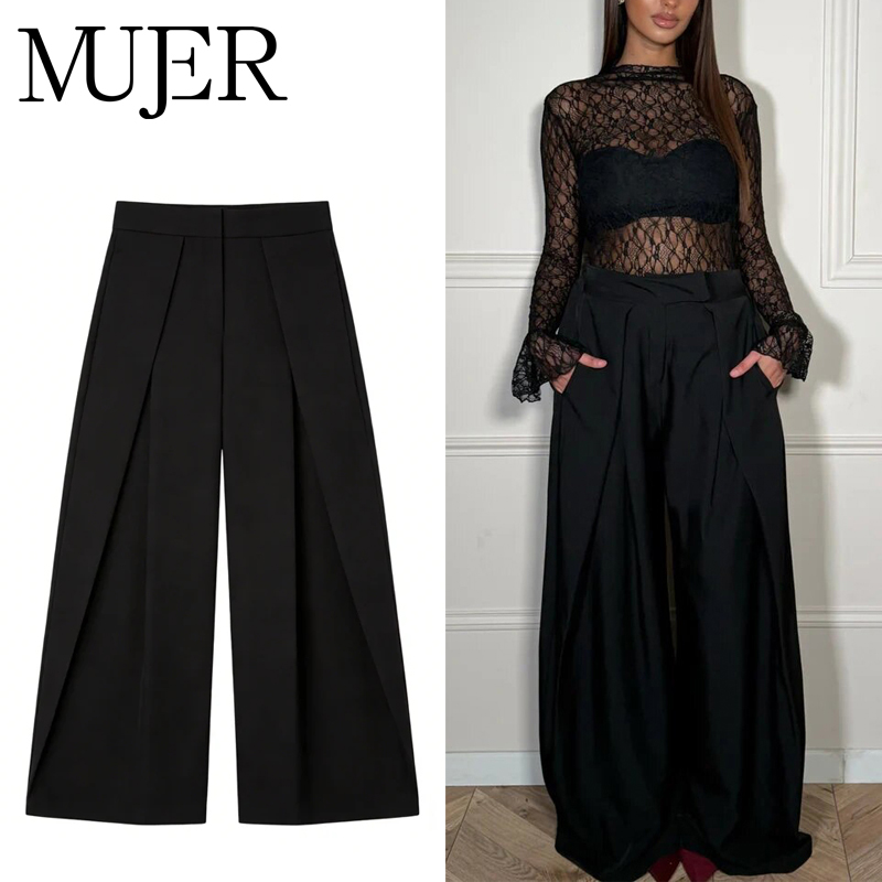 MUJER Black Baggy Pants Woman Pleated Wide Leg Pants for Women Striped Casual Women's Pants Spring High Waist Trousers Womens