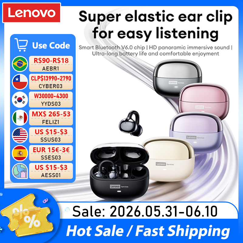 Bezprzewodowe słuchawki douszne Lenovo LE302 OWS z klipsem na ucho, niski opóźnienie, połączenia HD, słuchawki Bluetooth, muzyka HiFi, sportowe, modne słuchawki douszne
