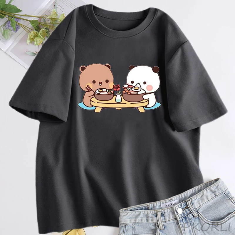 Camiseta de urso bonito de casal, algodão com gola O, camiseta de manga curta, roupas femininas, kawaii, linda, Bubu e Dudu, verão, Harajuku