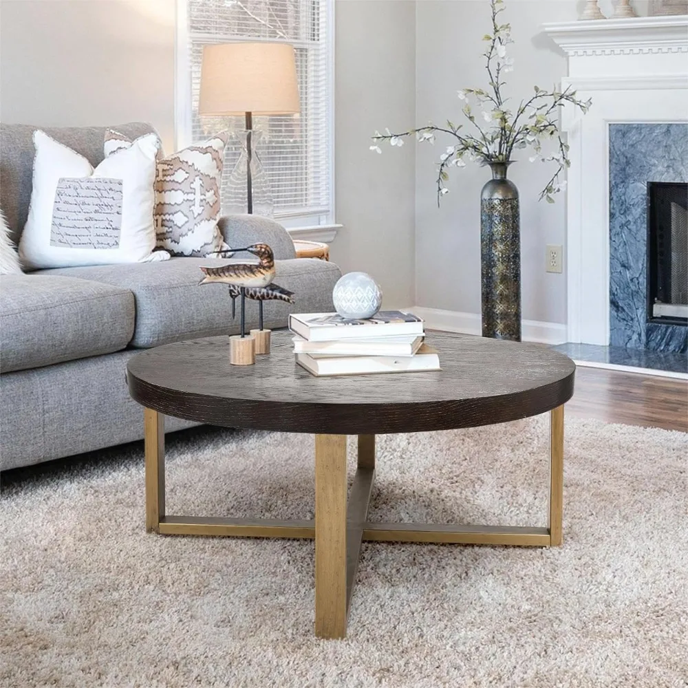 Mesa de centro de 36" para sala de estar Mesa de cóctel de madera rústica con patas doradas