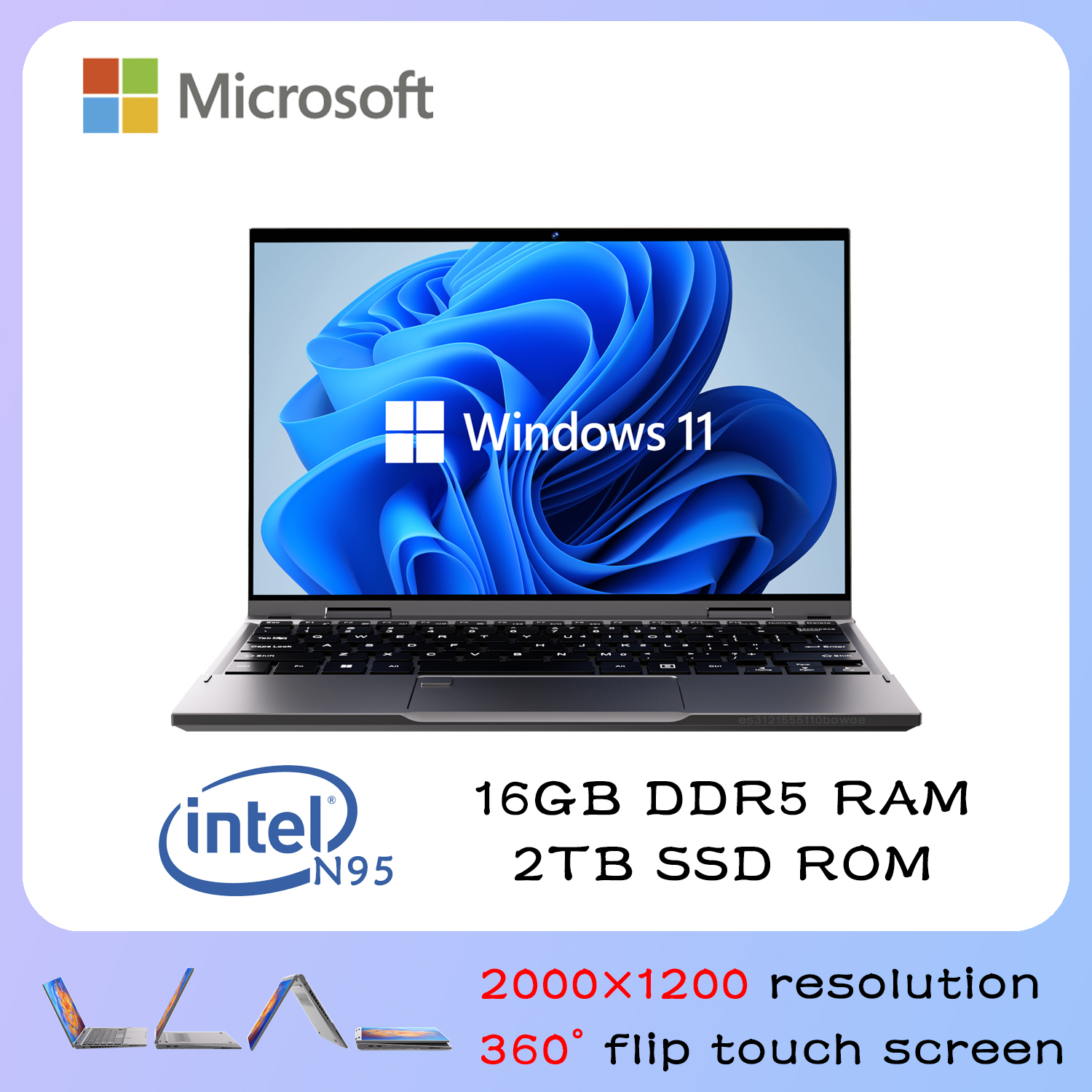 Ordinateur portable Intel N95 10,95 pouces 360 °   Flip OLED Touch Screen Corps en alliage d'aluminium Windows 11 16 Go DDR5 RAM 2 To SSD ROM
