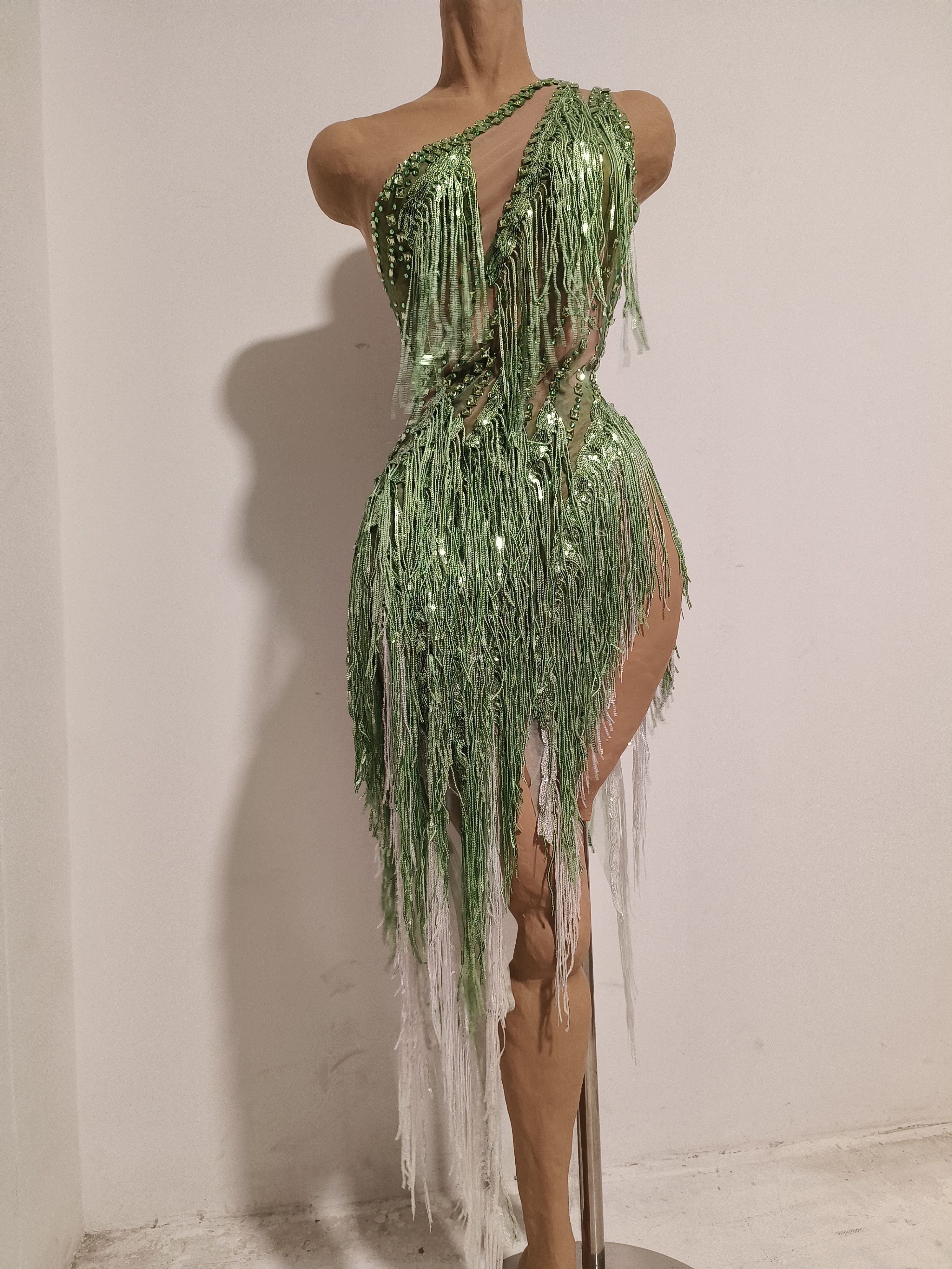 Women Sparkly Rhinestones Tassel Green One Shoulder Sexy See-Through Dress Latin Dance Outfits Bar Nightclub Party Stage Costume