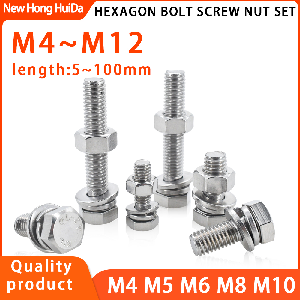M4 M5 M6 M8 M10 M12 304 สแตนเลสสตีลHexagon BoltสกรูและNutชุดขนาดใหญ่สกรูขยายเต็มรูปแบบ