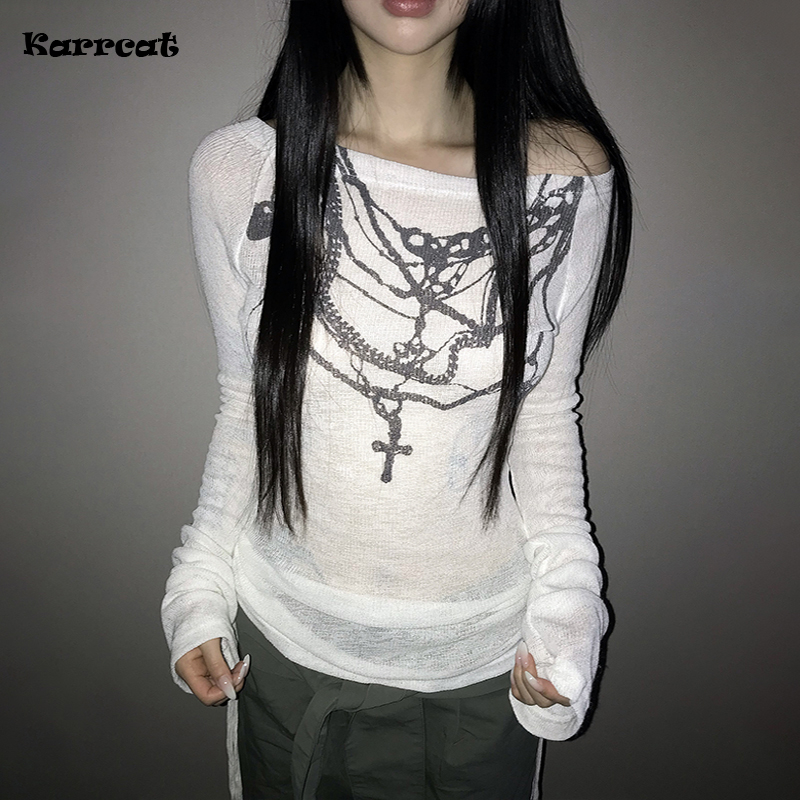 Karrcat Trashy Y2k Tattoo Stampa Top in maglia Estetica grunge T-shirt in maglia a maniche lunghe Vintage Gothic Streetwear American Retro