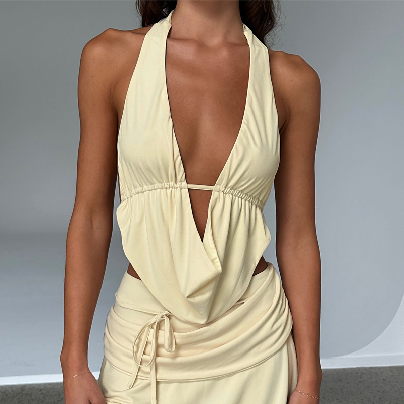 2024 Zomer Basic Dames Tank Top Sexy Spaghetti Bandage Halter Push Up Diepe V Holle Crop Tops Mode High Street Y 2K Kleding