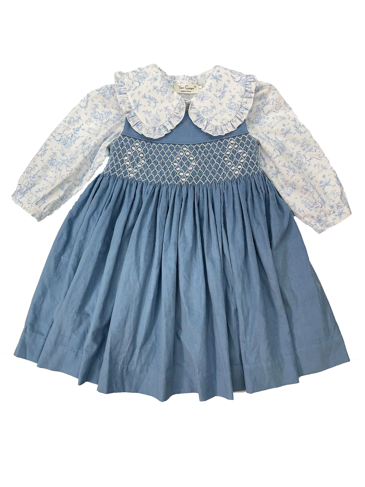 Conjunto de vestido ahumado hecho a mano para niñas, chaleco de pana azul con solapa de manga larga blanca, camisa con estampado de conejo, ropa, 2 uds.