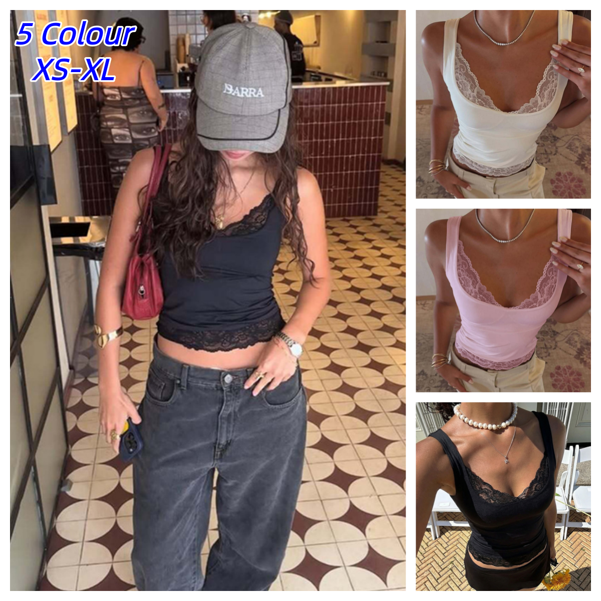 Hot Square Collar Backless Slim Lace Ruffles Patchwork Tank Top Women'S Fashion Sexy Y2K Top Party Vacation Summer Clothes
