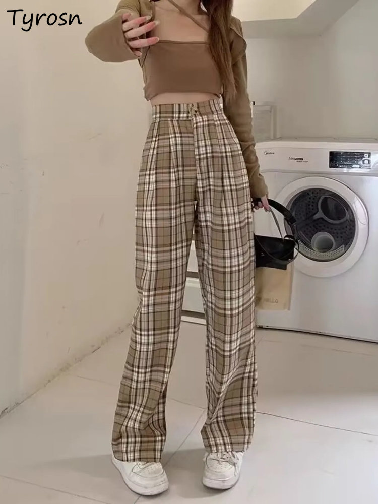 Calça de lazer xadrez simples feminina, solta, combina com tudo, reta, diária, design de cintura alta, elegante, vintage aconchegante, estilo coreano, verão, nova