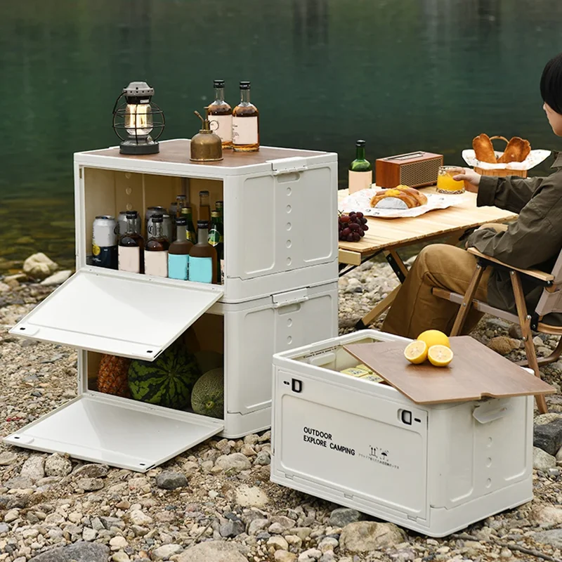 Contenedor de almacenamiento de plástico plegable multifuncional de 30L con tapa de madera: ideal para guardar artículos de acampada en el coche o en casa