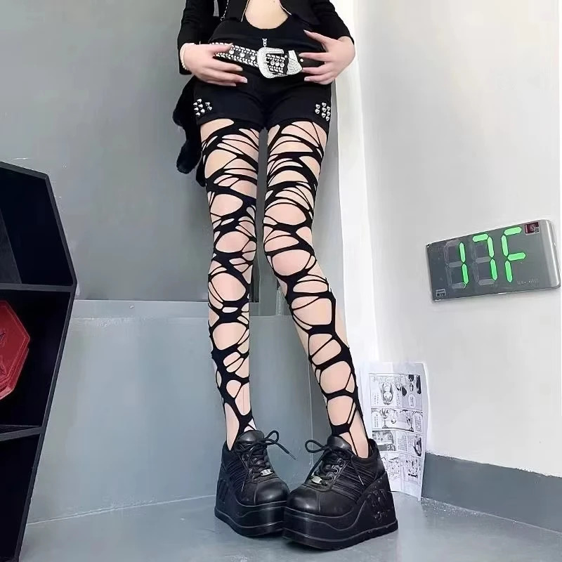 Collants résille noirs sexy déchirés pour femme, style gothique punk évidé, bas résille moulants, leggings, style emo, streetwear Egirl
