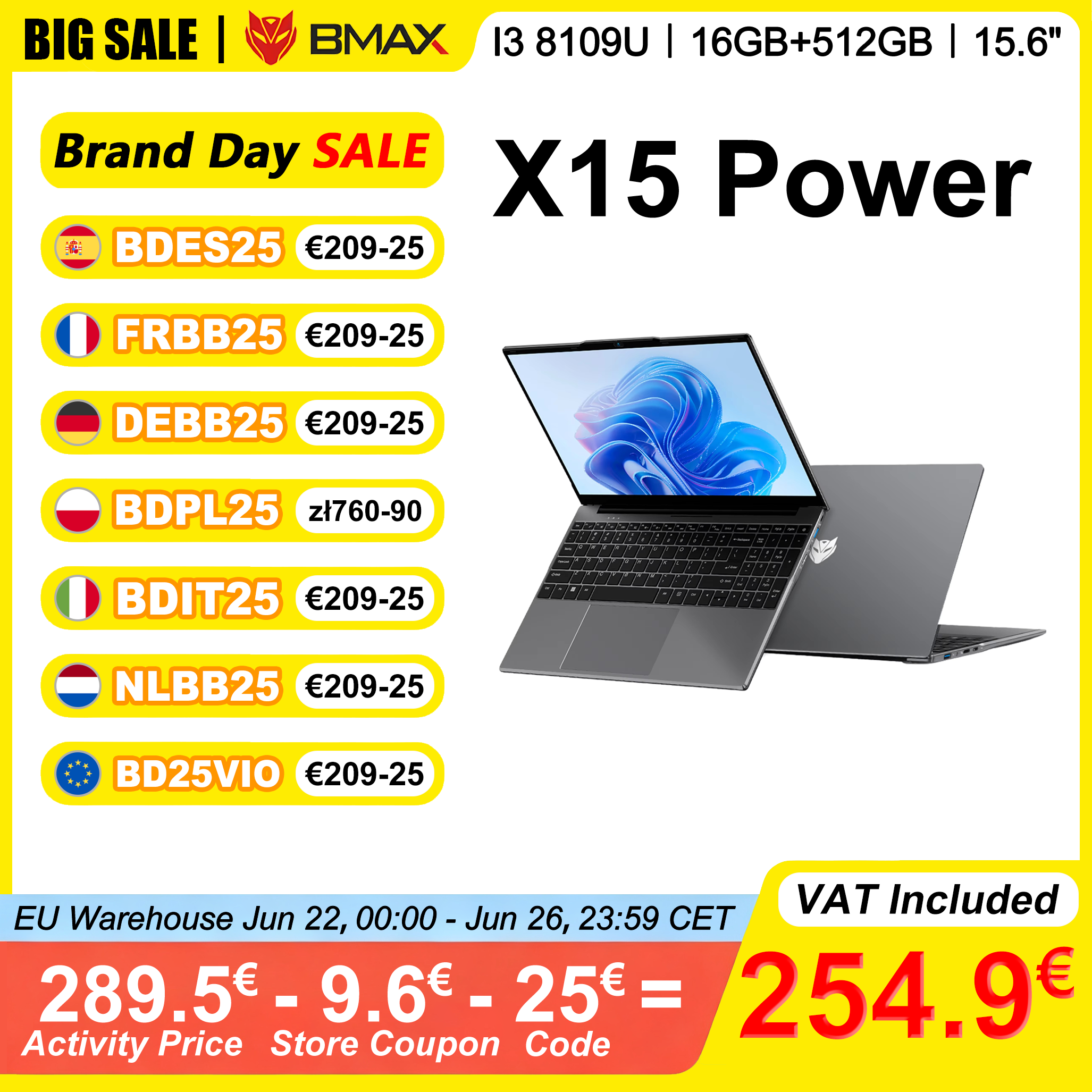 BMAX X15 Power Laptop 15,6 inch 16GB RAM 512GB SSD Intel I3-8109U Windows 11 Notebook 1920*1080 HDMI Wifi USB PC