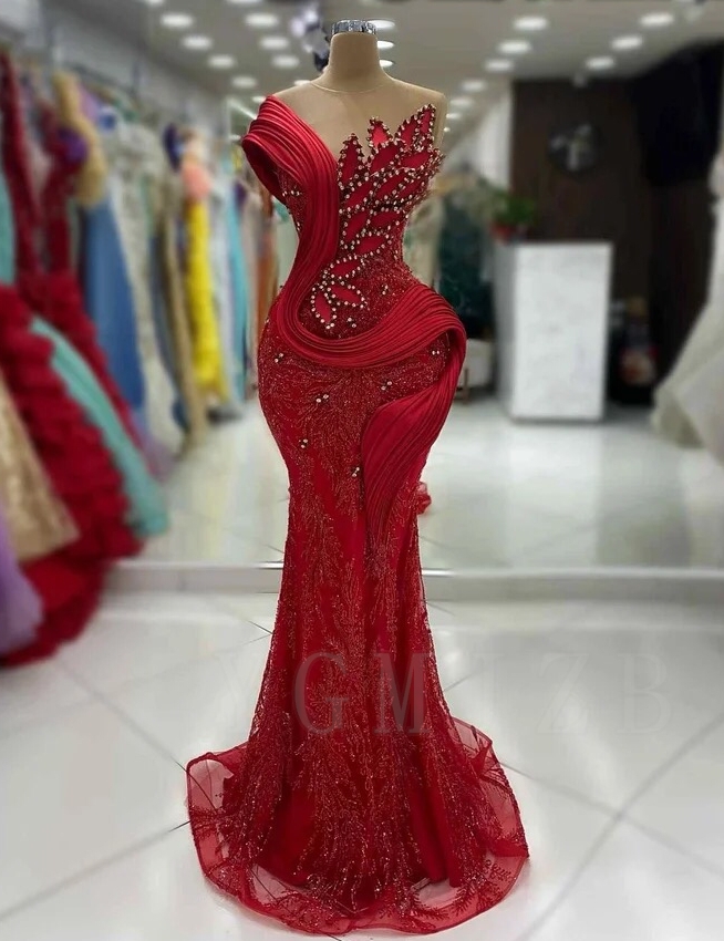 Вечерние платья Aso Ebi: Длинные, роскошные, фасона «русалка», с одним рукавом, расшитые бисером и стразами, с узором «листья», красные, шикарные, для дня рождения, выпускного вечера, свадьбы