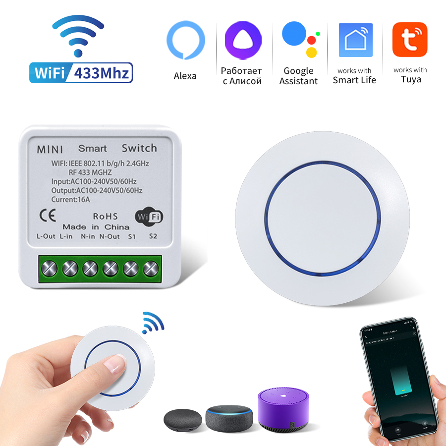 Commutateur WiFi Tuya Smart Life APP RF 433MHz bouton rond télécommande Alexa Google Home Module de commande vocale récepteur commutateur Intelligent