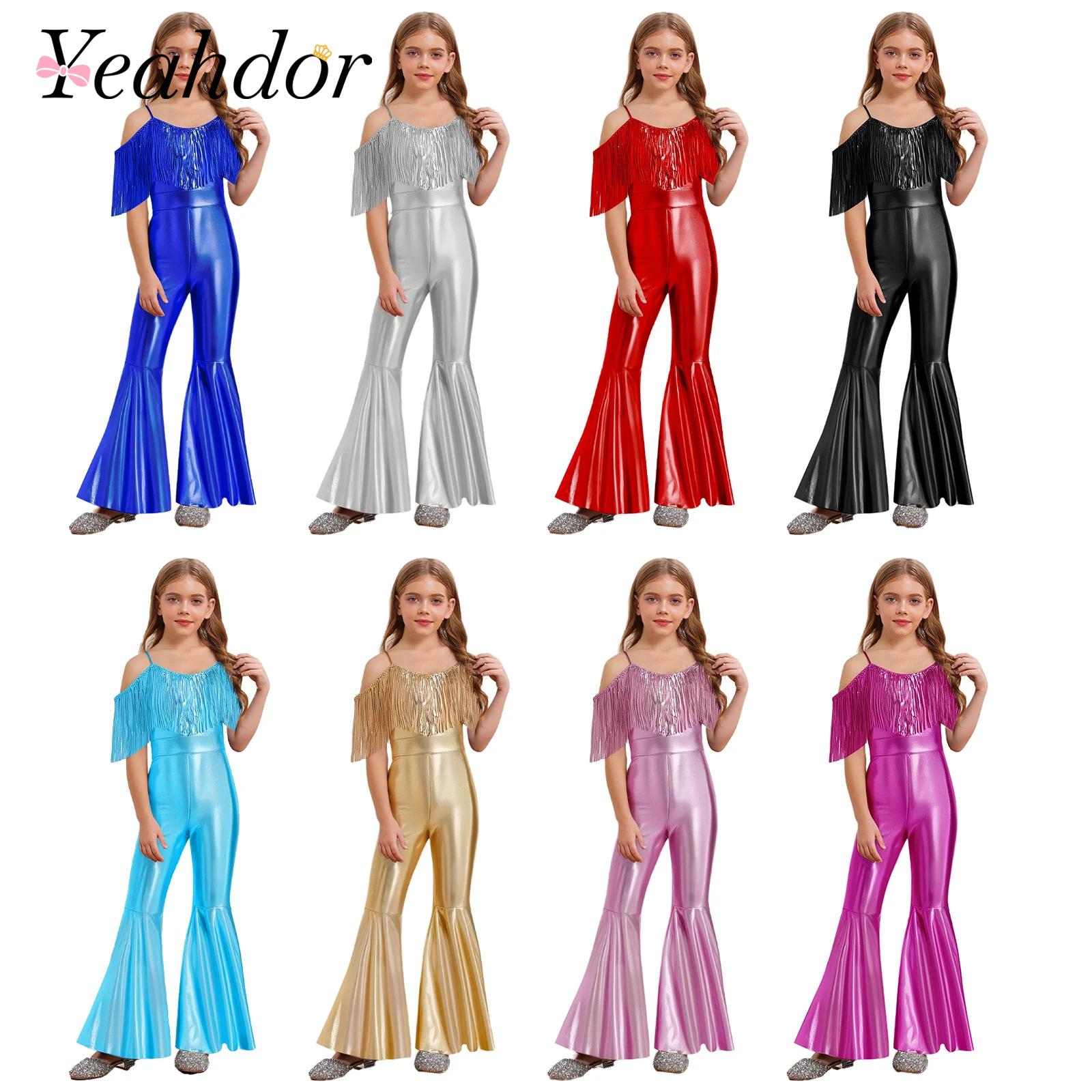6-16 Girls 70s Disco Costume Shinny Flared Jumpsuit Kids Fashion Romper Children's Sequins Tassels Sparkly Jumpsuits Outfits