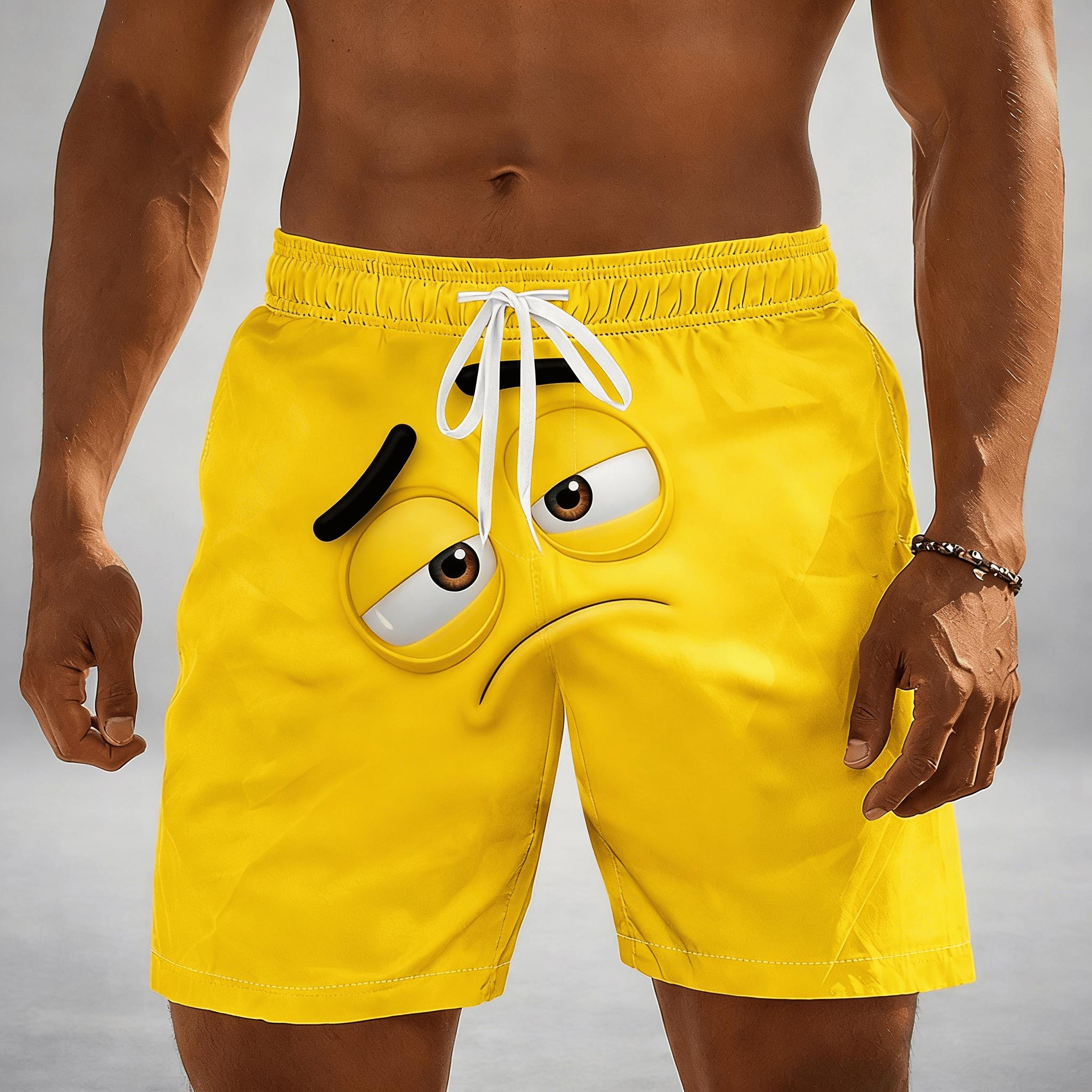 Leuchtend gelbe bedruckte Herren-Shorts mit Kordelzug, Frühlings- und Sommer-Freizeitshorts mit lustigen Cartoons, Strandshorts mit Taschen